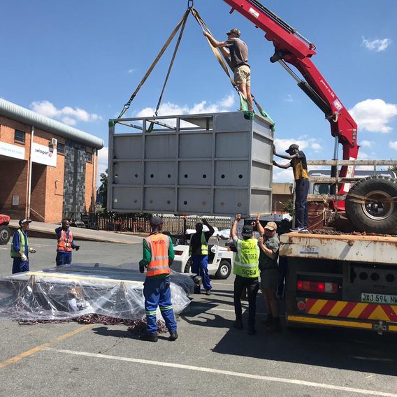 Professional team loading custom wildlife crate onto transport truck