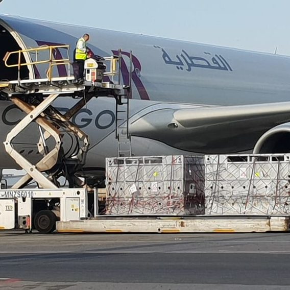 Loading wildlife transport crates onto cargo aircraft using hydraulic lift